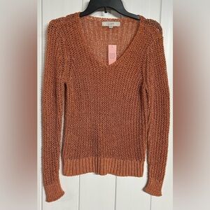 LOFT Open-Knit V-Neck Sweater in Rust Brown